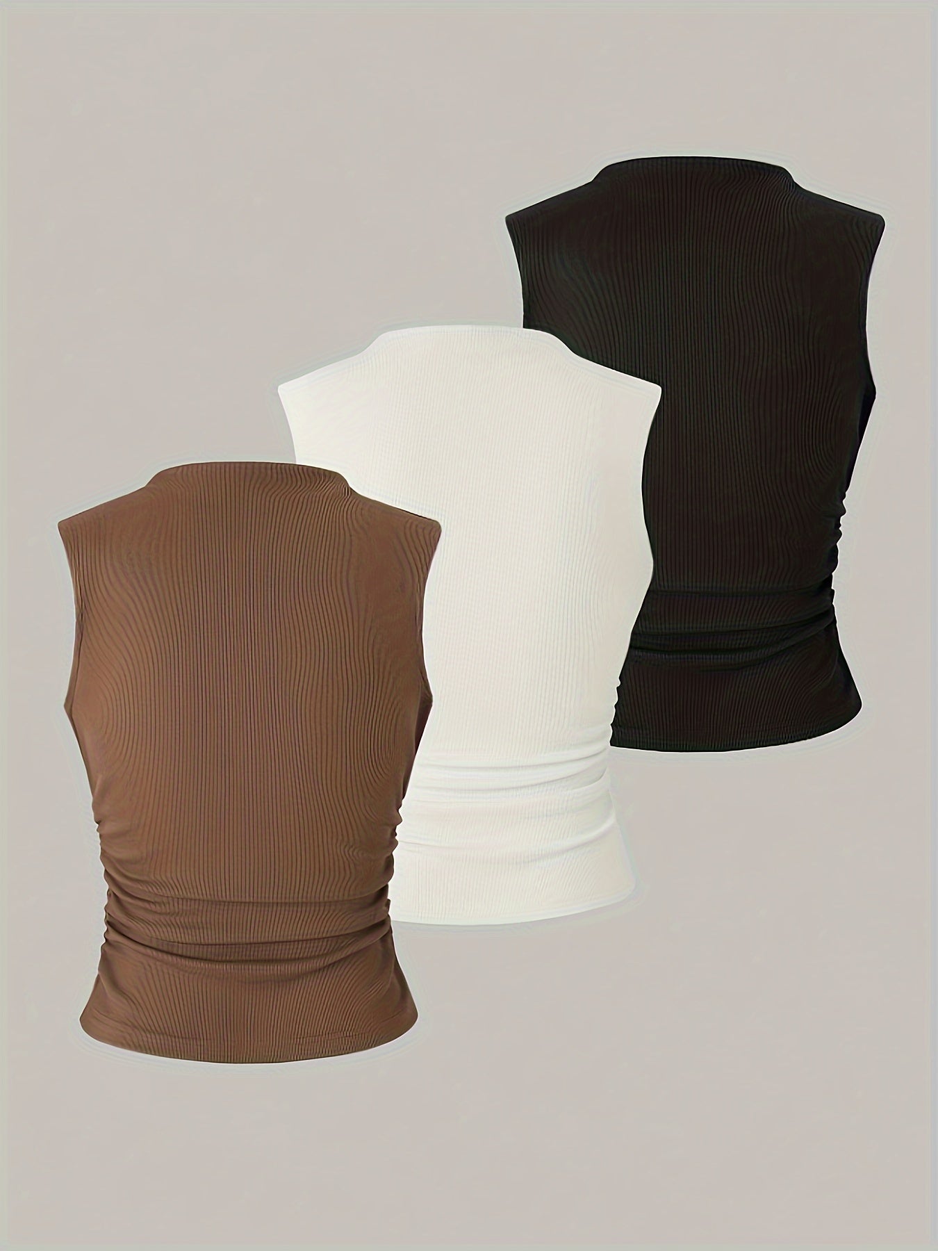 Sleeveless mock neck tank top features chic ruched design, stretchy polyester blend, machine washable - versatile slim vest for all seasons.