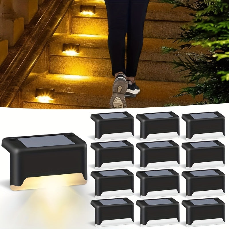 8 outdoor solar deck lights for stairs, fences, patios, gardens, and pathways. Features light sensor, removable fixture, and 600mAh nickel battery.