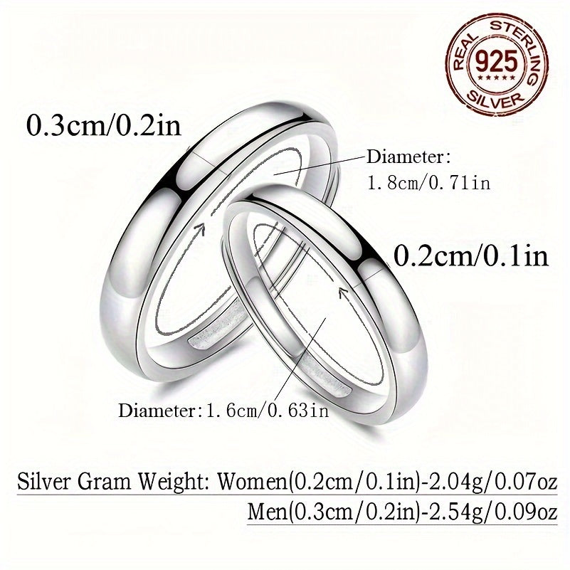 925 Sterling Silver Adjustable Engagement Rings Set, Hypoallergenic Glossy Round Bands, Perfect for Parties, Ideal Valentine's Day, Anniversary, and Christmas Gift for Couples, Complete with Gift Box