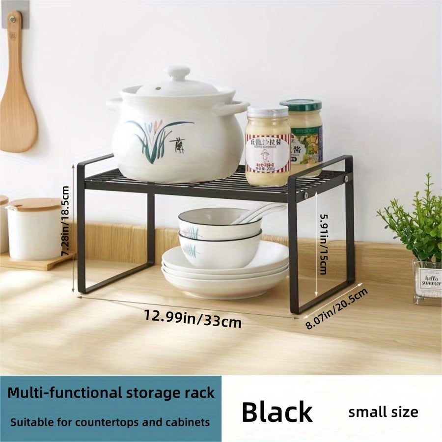 Japanese Kitchen Cabinet Layered Shelf made of carbon steel with multiple storage layers. This multifunctional rack is perfect for keeping kitchen essentials organized, such as seasoning, soup pots, and dishes. It is suitable for both kitchen and study