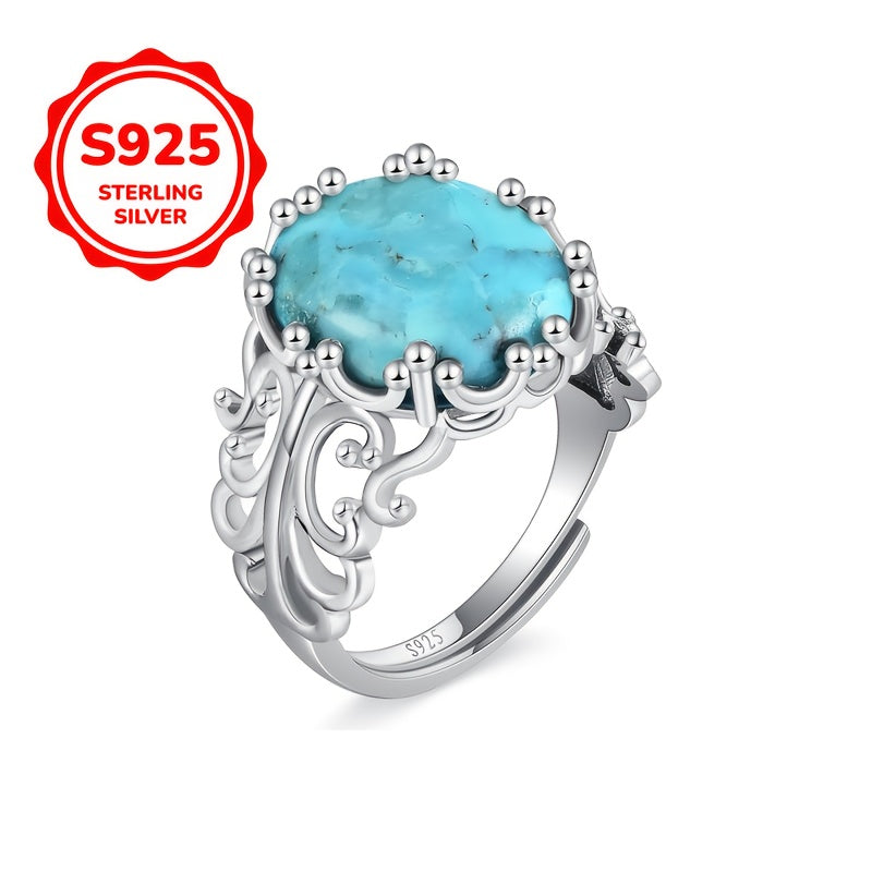 Stunning 925 Sterling Silver Cuff Ring with Turquoise, Intricate Floral Filigree Pattern, Adjustable Fit, Allergy-Free, Lightweight at 3.8g, Perfect for Everyday or Special Occasions, Great Gift for Mother's Day.