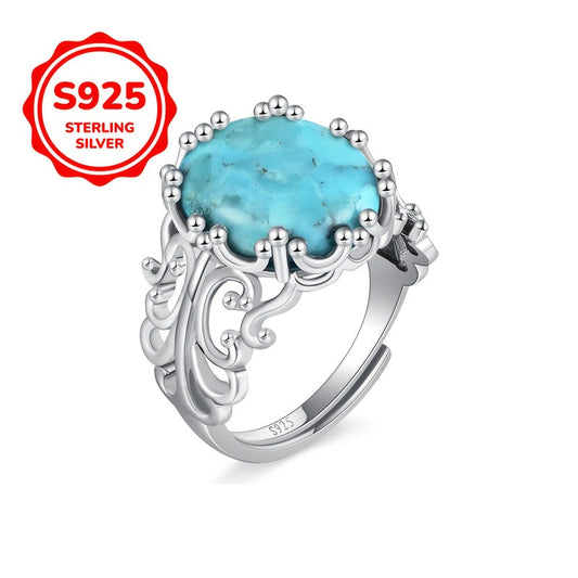 Stunning 925 Sterling Silver Cuff Ring with Turquoise, Intricate Floral Filigree Pattern, Adjustable Fit, Allergy-Free, Lightweight at 3.8g, Perfect for Everyday or Special Occasions, Great Gift for Mother's Day.