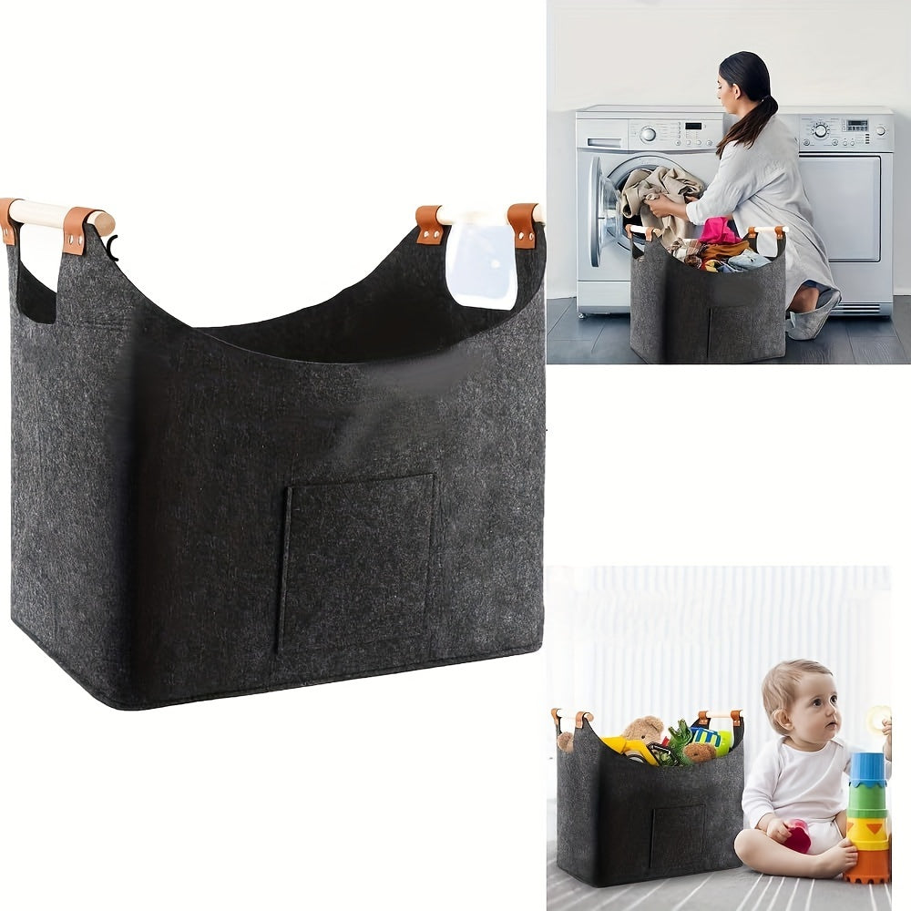 Large Dark Grey Felt Log Basket with Handles, Foldable Firewood Storage Tote for Fireplace, Space-Saving Fire Pit Accessory, Newspaper and Wood Carrier - Dimensions 50cm x 32cm x 40cm