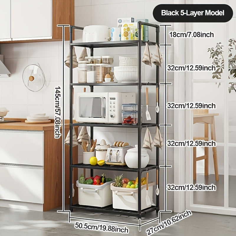 Multi-tier storage organizer rack with 1 piece construction - features 4 or 5 layers of plastic bracket shelves with a matte finish. Perfect for floor mounting in various spaces such as the kitchen, bathroom, or bedroom. Simple assembly, durable