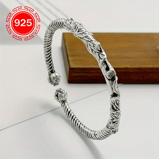 Unique Vintage Boho Style Cuff Bracelet in 925 Sterling Silver, Featuring an 18K Gold Plated Lotus Flower Design. This Open Bangle is Hypoallergenic and Adjustable, Perfect for Women. Great for Christmas and Other Special Occasion Gifts. Comes in