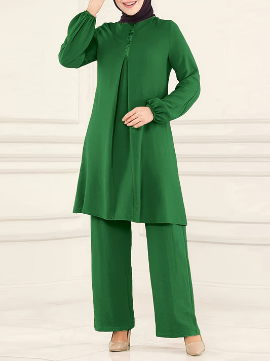 Ramadan Elegant Solid Muslim Two-piece Set for Women: Long Sleeve Crew Neck Top with Straight Leg Pants.