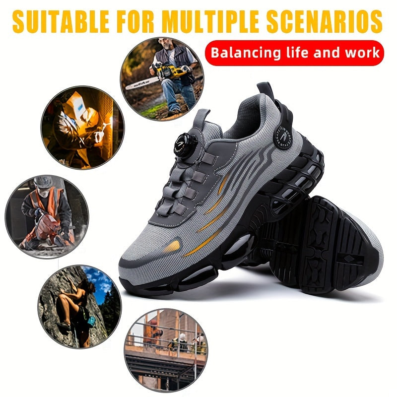 Rotating button safety work shoes for men: impact & puncture resistant, anti-slip, wear-resistant, fabric upper, round toe, comfortable lace-up closure.