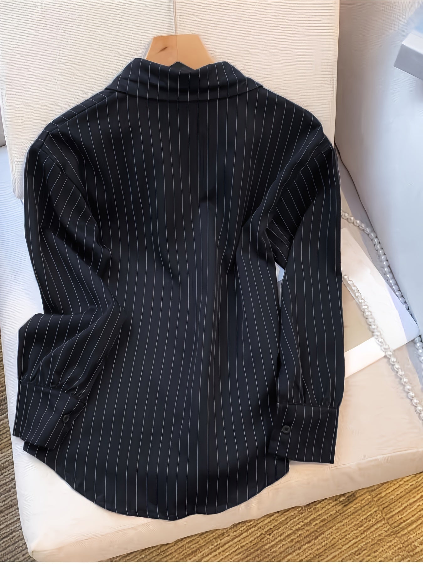 1 piece women's long sleeve striped shirt made from 100% polyester with lapel collar and button-up design, suitable for all seasons.