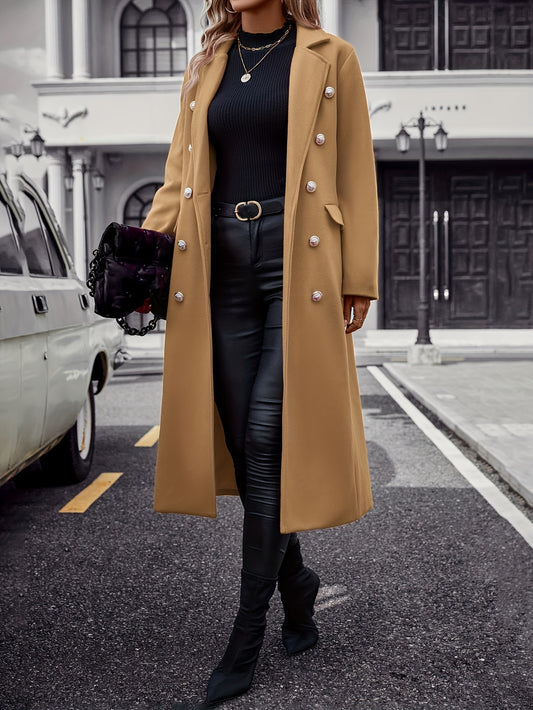 Women's casual polyester coat with lapel, double breasted, long sleeve, pockets, relaxed fit, ideal for autumn and winter.