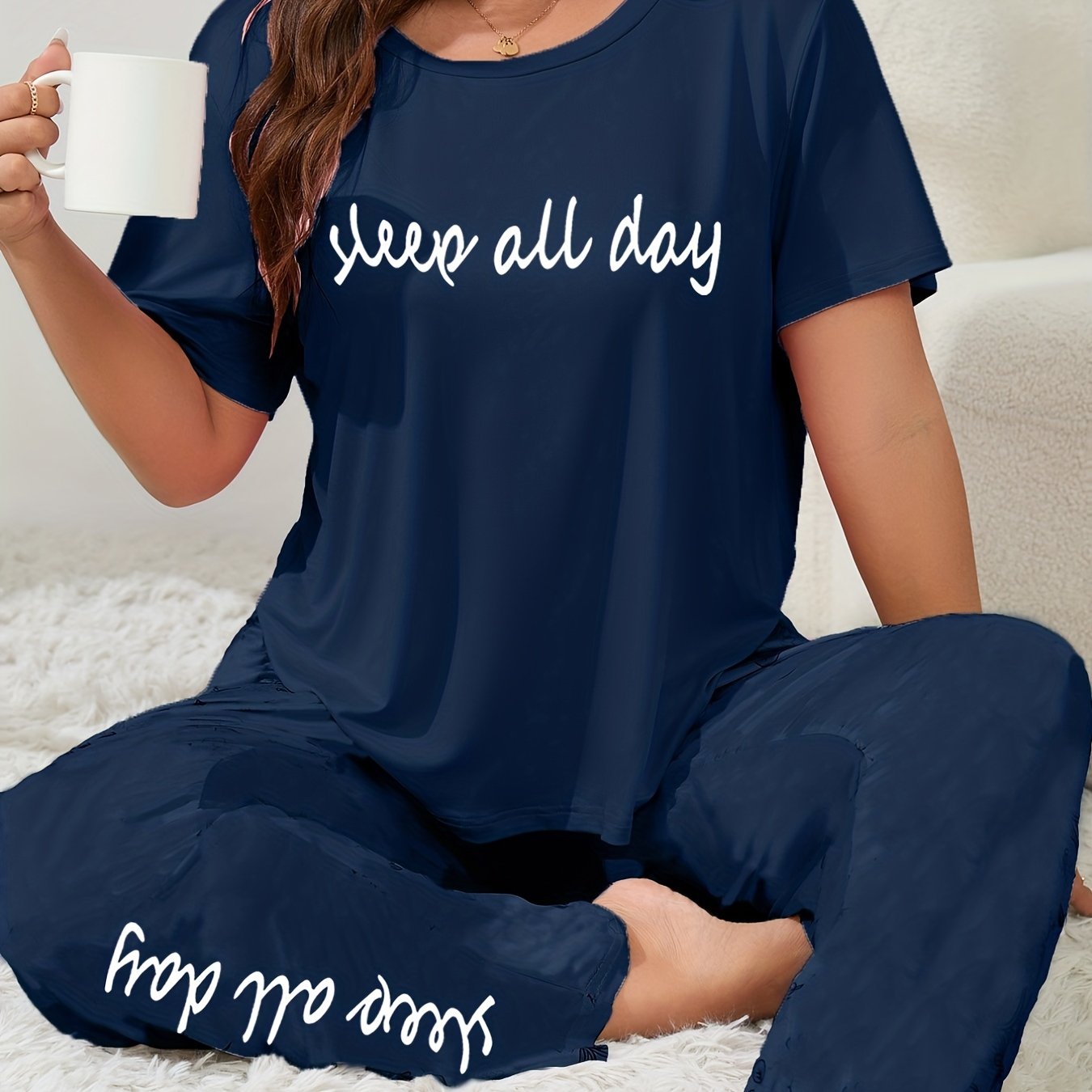 Women's Plus Size Casual Lounge Set with Slogan Print Tee & Pants