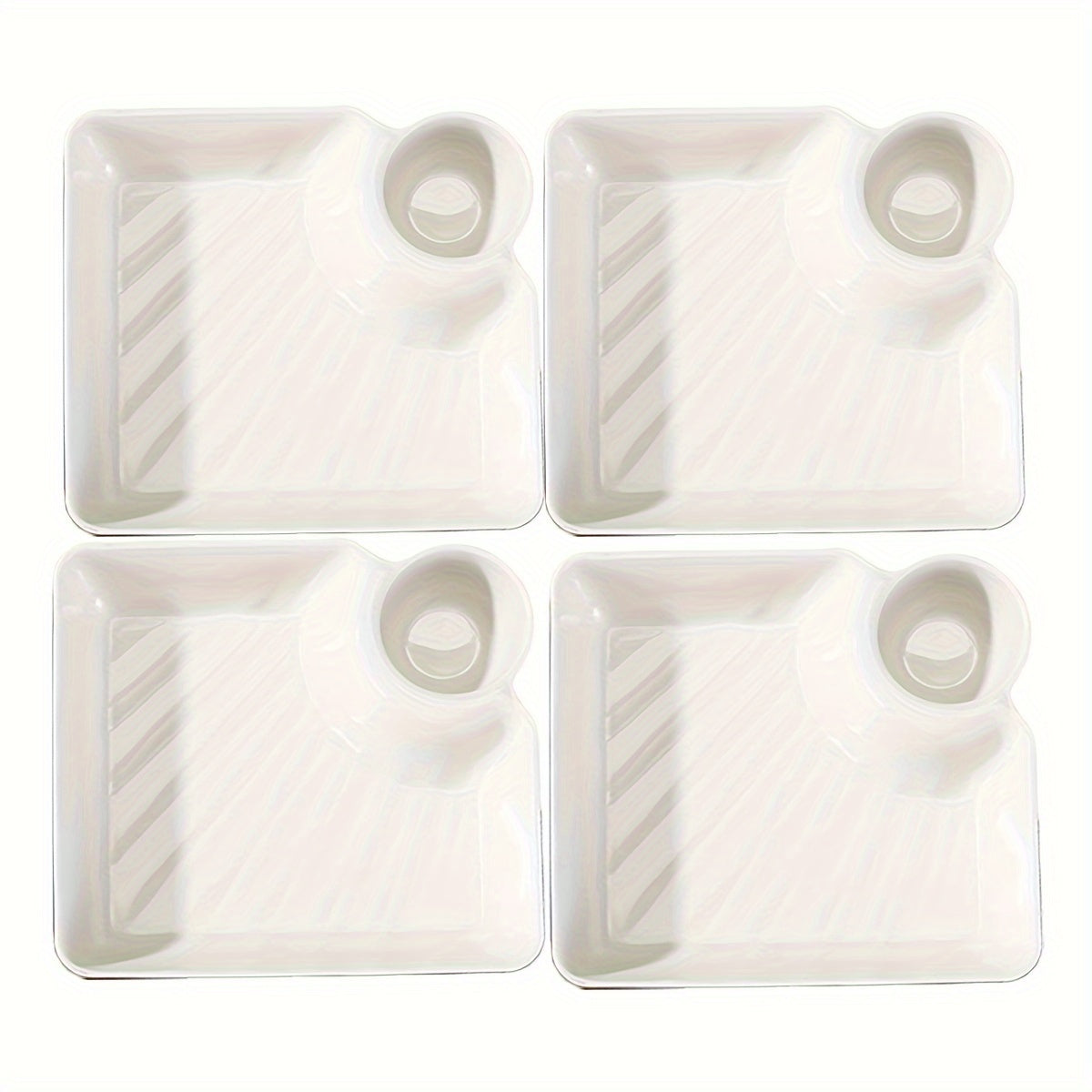 4-piece chip and dip serving platter set with sauce compartment, ideal for serving snacks and appetizers in home kitchens, restaurants, and other dining settings.