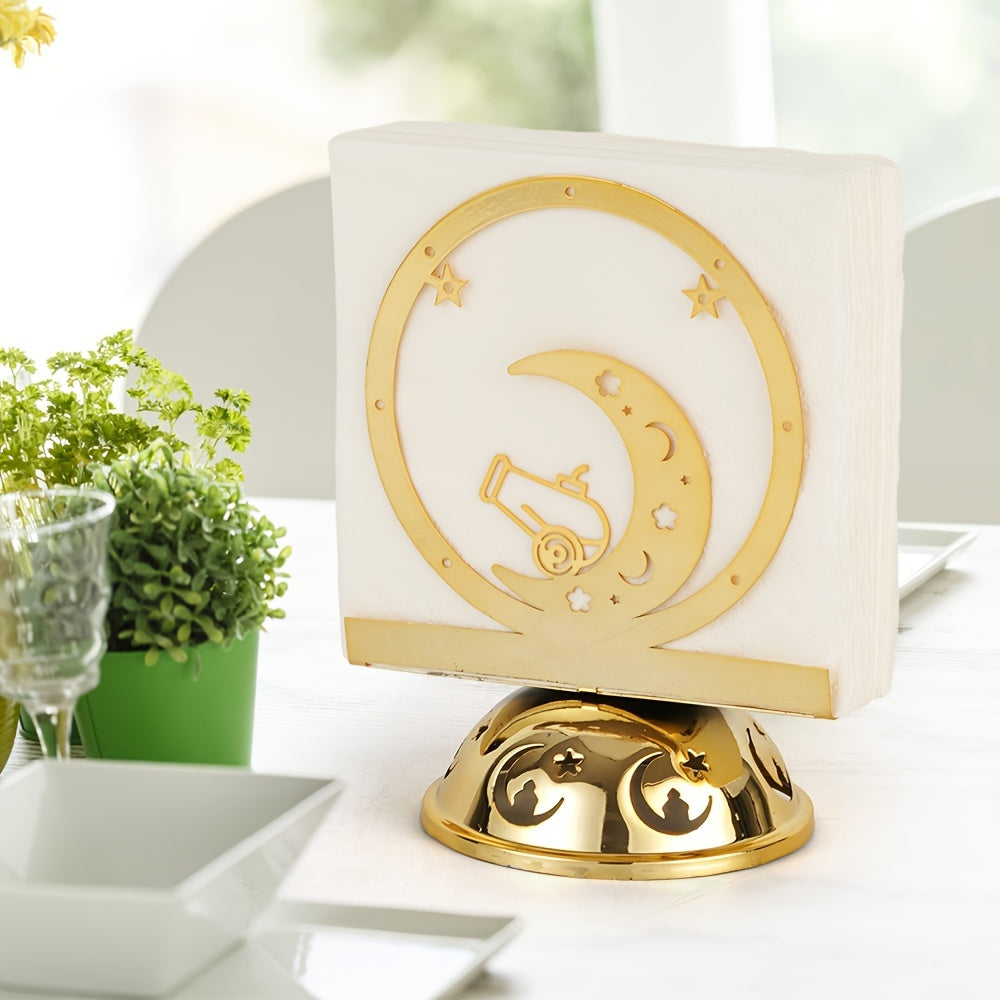 Elevate Your Dining Table Decor with a Stunning Seasonal Napkin Holder Featuring a Crescent Moon Design in Gold Plated Metal - A Sophisticated Standing Tissue Dispenser Ideal for Celebrating Christmas, Halloween, Easter, Hanukkah, and Thanksgiving