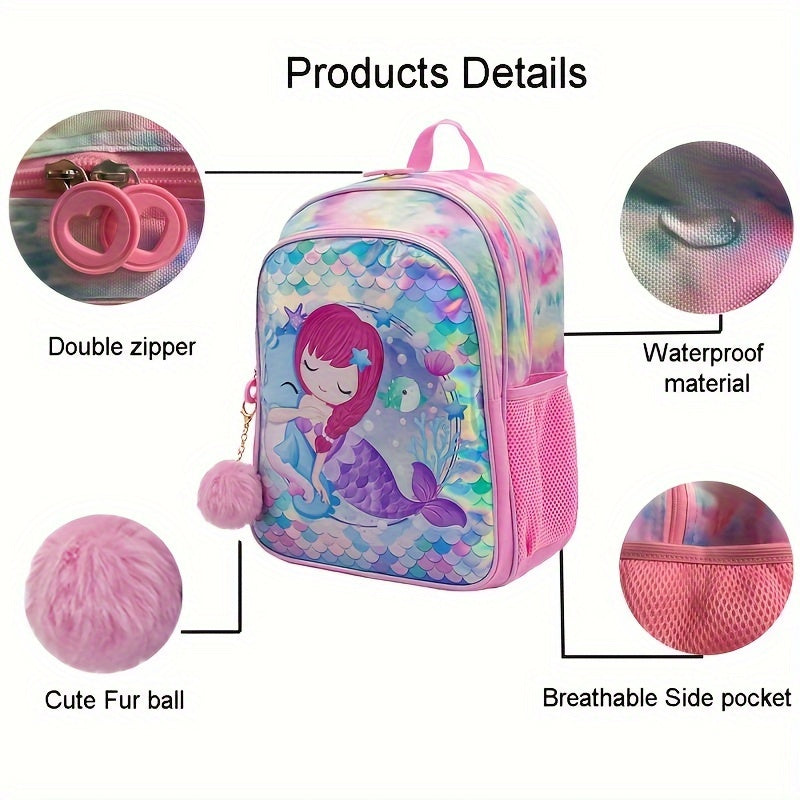 16-inch three-piece set of girls' student bags including a double-shoulder student bag, lunch bag, and pen bag. Fashionable and versatile for travel, school, or camping. One-size-fits-all in pink.