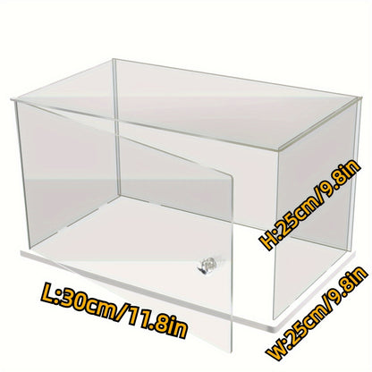 Transparent acrylic display box with opening door, ideal for collectibles and toys. Versatile home storage solution, measures 10-15" H x 20-25" W x 30-40cm D.