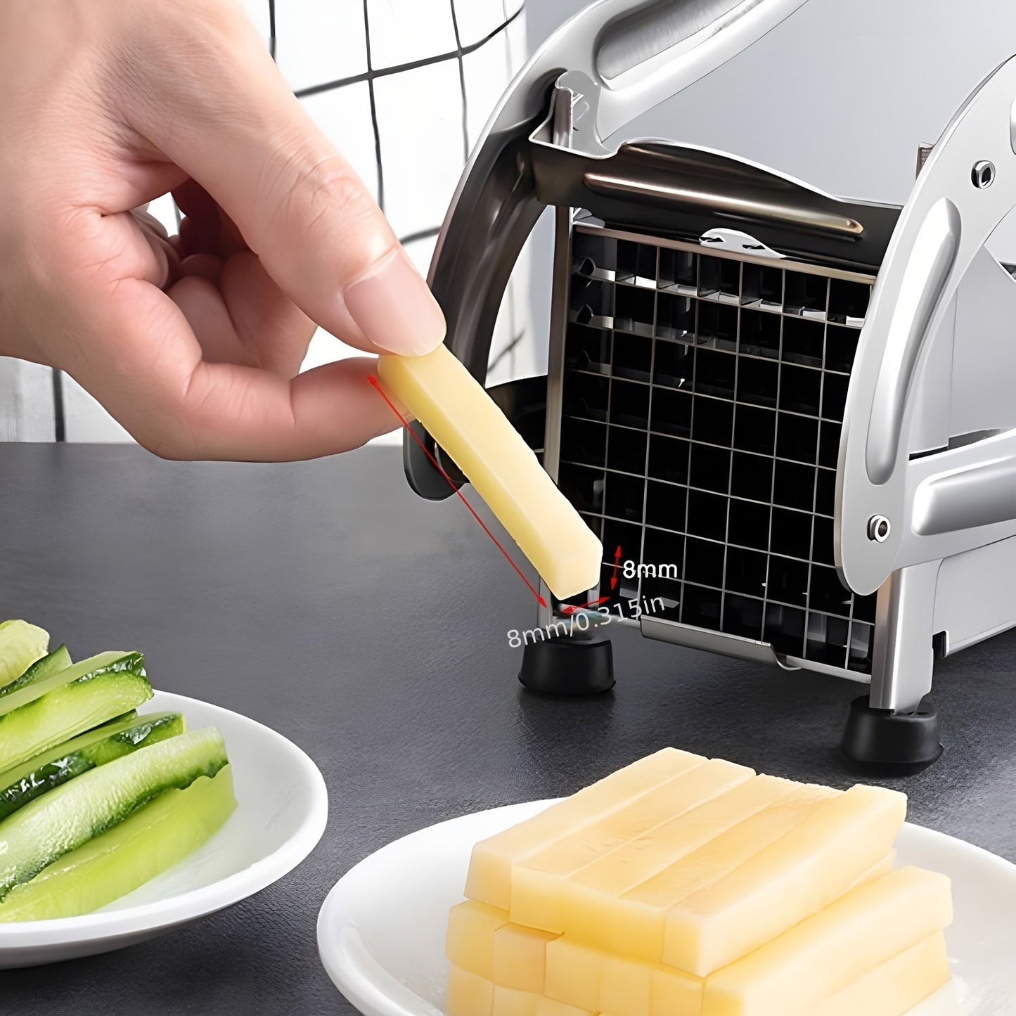 Stainless Steel Potato Slicer with Improved Design and Suction Cup Base for Effortless Usage - Versatile Vegetable & Fruit Cutter for Home and Professional Kitchens