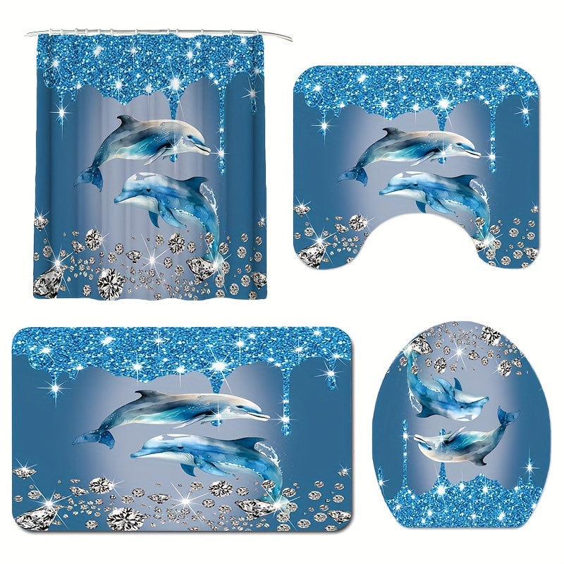 4-piece shining diamond dolphin printed bathroom set in blue includes a waterproof shower curtain, non-slip rug, toilet u-shape mat, and toilet lid cover mat with hooks.