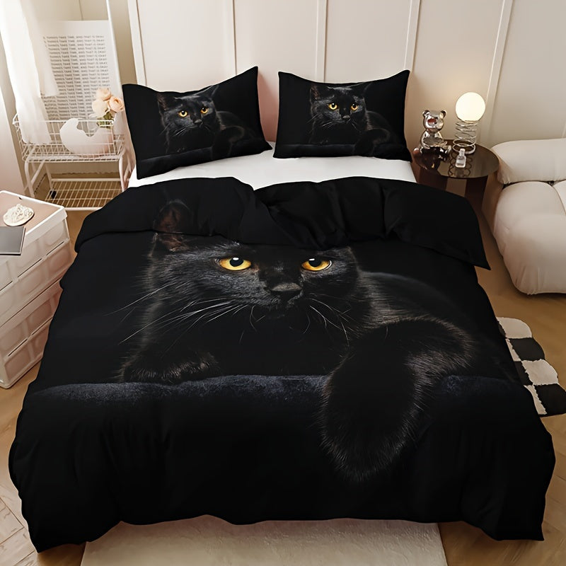 Dress up your bedroom or guest room with this stylish 3-piece Duvet Cover Set featuring a trendy 3D Black Cat print. Set includes 1 Duvet Cover and 2 Pillowcases (Core not included), providing all-season comfort. Made of soft and comfortable fabric