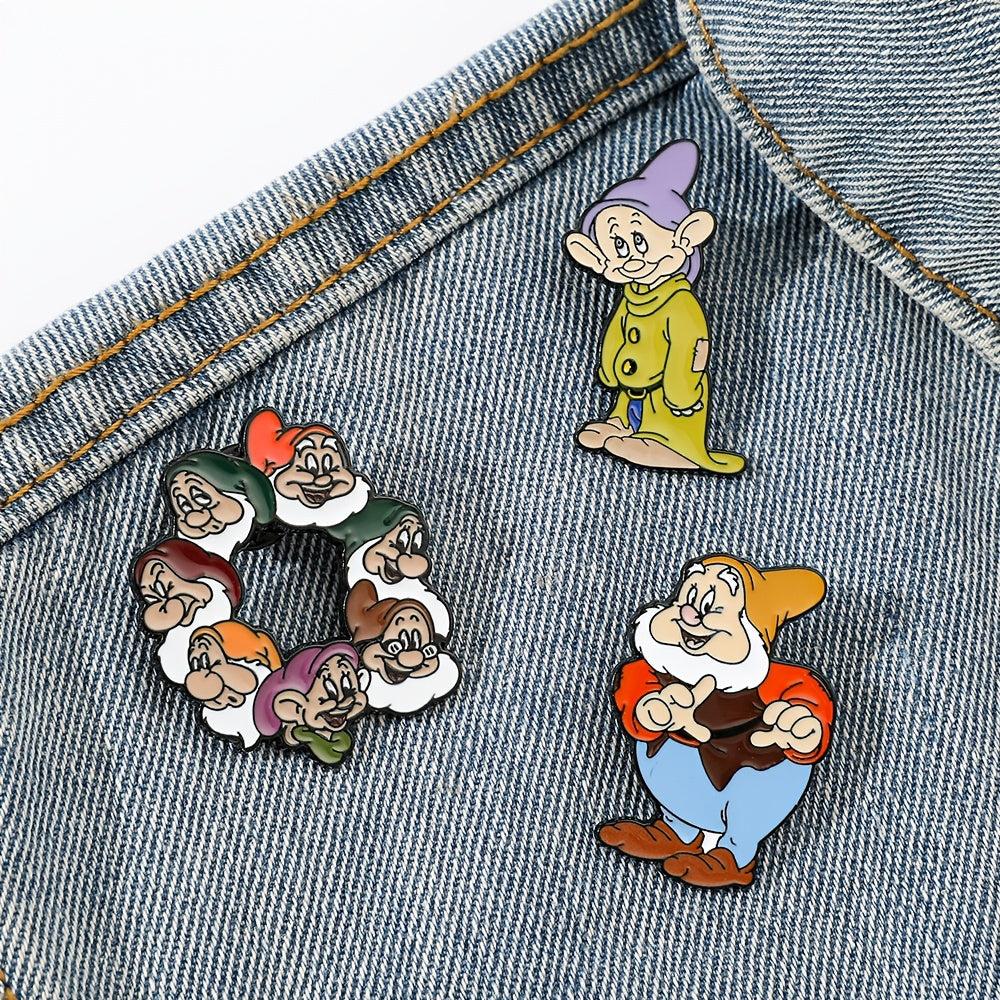 Three Disney Seven Dwarfs Enamel Pins featuring adorable cartoon characters, made from Zinc Alloy. These metal badges are perfect for adding a touch of whimsy to clothing and backpacks. They make an ideal Christmas gift or party accessory, suitable for