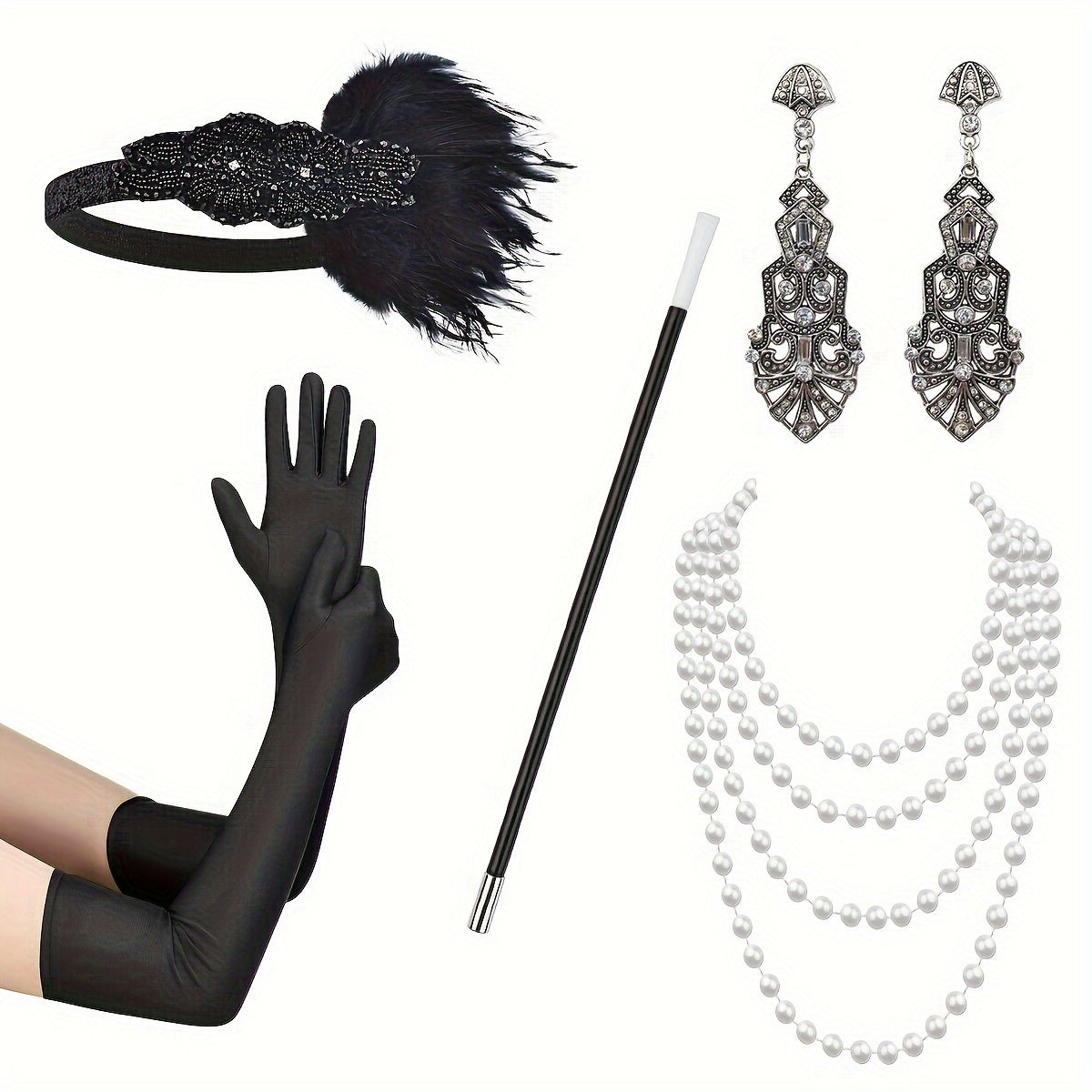 The Gatsby themed set includes a feather headband, gloves, cigarette holder, earrings, pearl necklace, single party makeup, dance Halloween carnival party lady skirt accessories, headwear, hand decoration, long pearl necklace, simulation pipe, and a