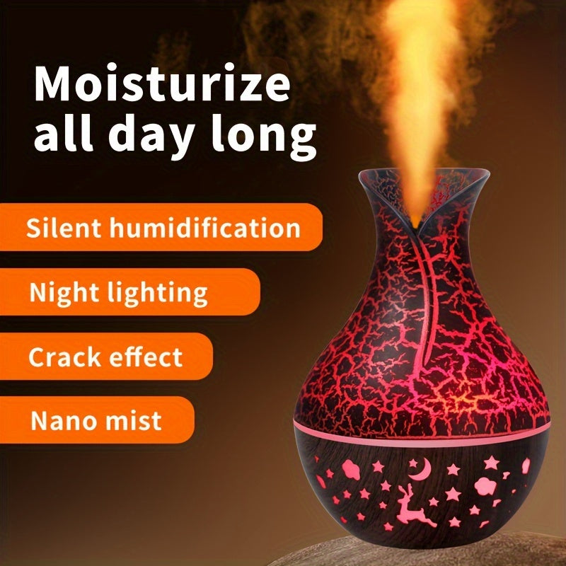 New 150ml vase-shaped air humidifier with hollow wood grain design, LED light, and small night light. USB-powered and automatic shut-off. Ideal for office, home, or bedroom.