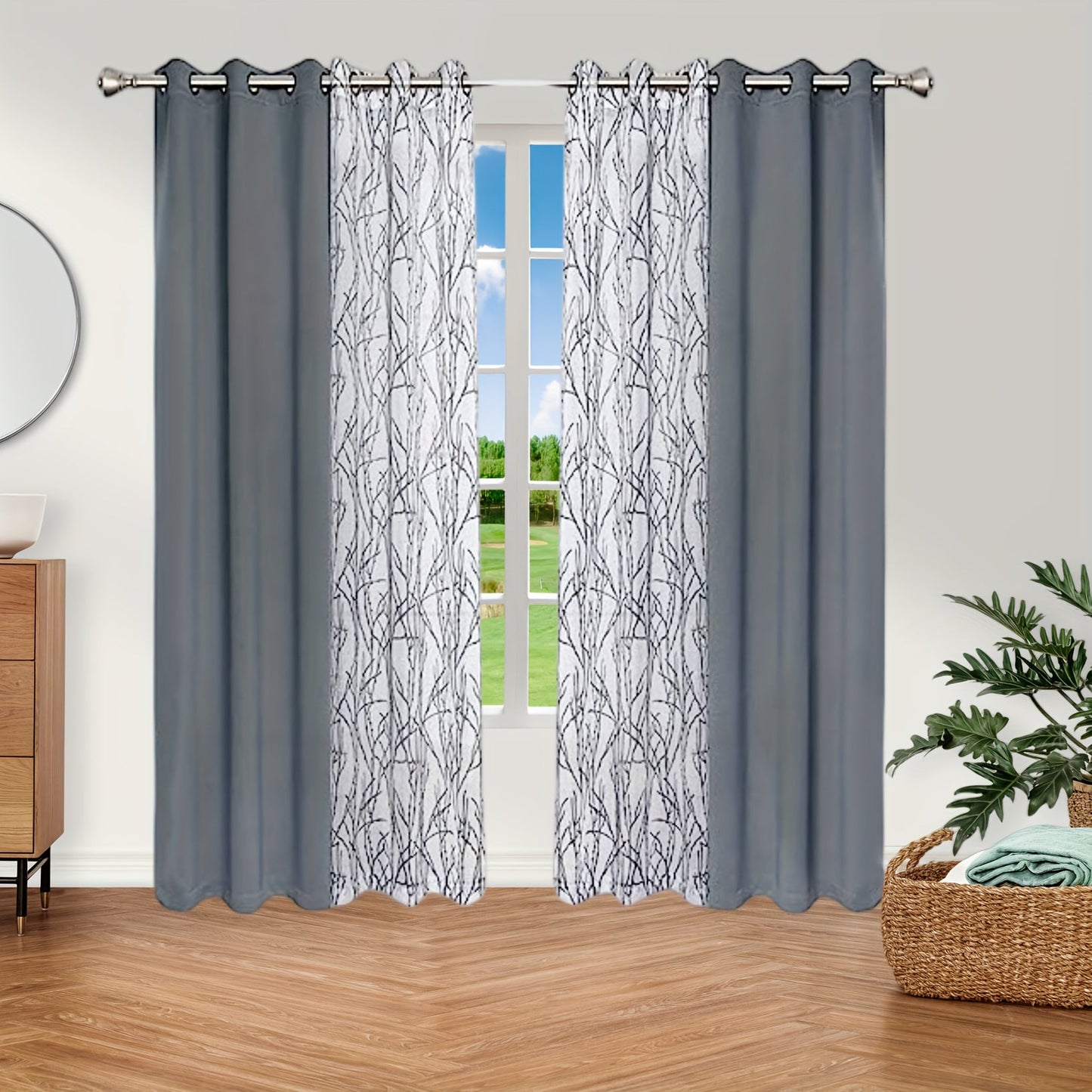 Pair of Curtains for Bedroom or Living Room - Includes 1 Sheer Branch Print Curtain and 1 Blackout Curtain, Grommet Style, 54x84 Inch Each, Dark Gray, Set of 2 Panels