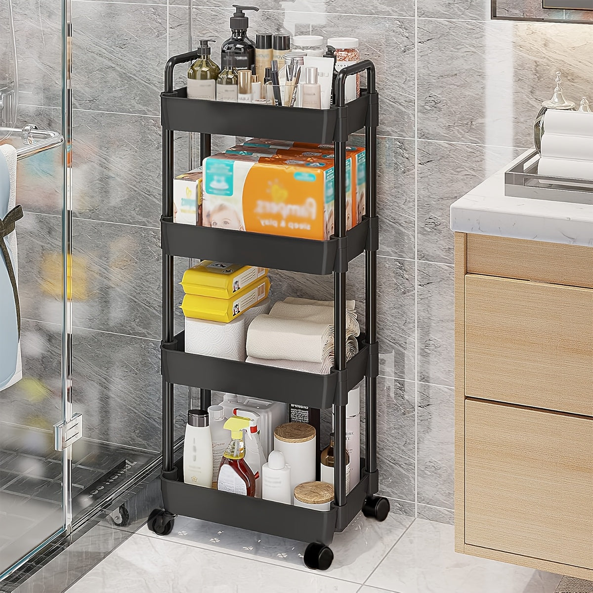 Black 4-Tier Plastic Rolling Utility Cart with Handle, Ideal for Office, Living Room, Kitchen, or Bedroom, Multi-Functional Storage Trolley on Wheels