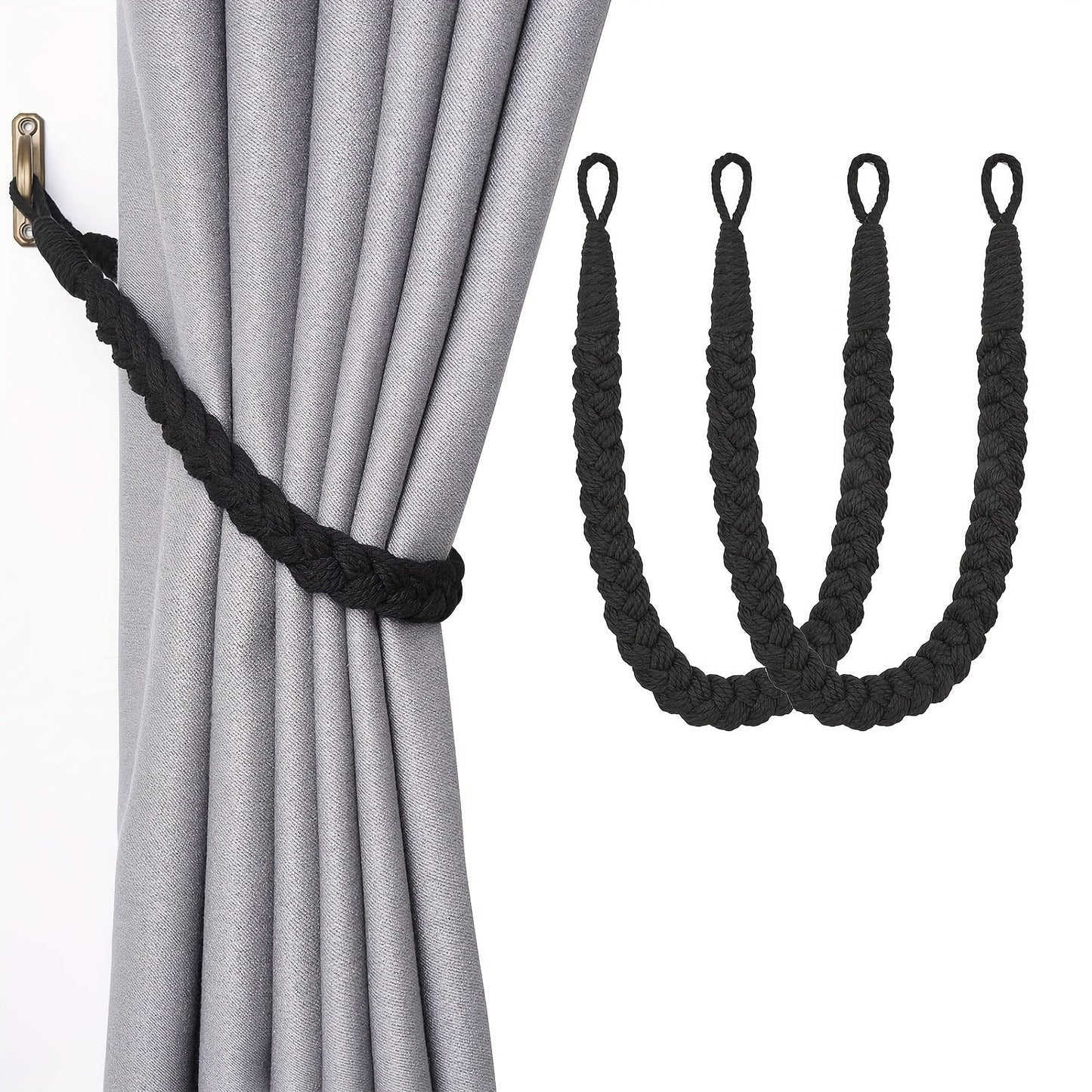 Two pieces of elegant bohemian style hand-woven rope curtain tiebacks featuring metal hooks - perfect for adding a natural decorative touch to your home or office. These soft braided design holdbacks are the ideal curtain accessories.