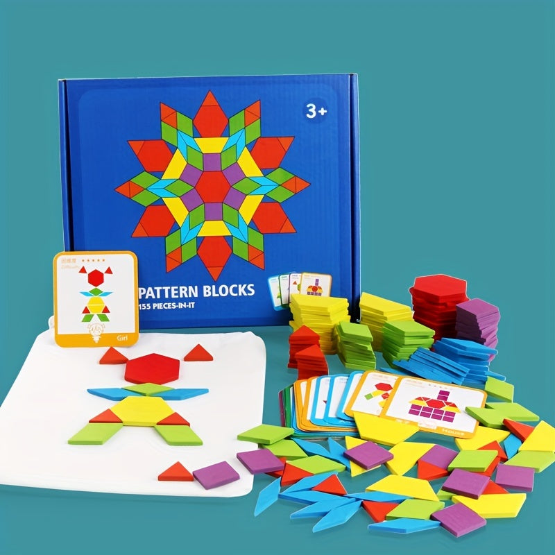 A set of 155 wooden geometric pattern blocks for puzzles, ideal for enhancing logical thinking skills. Suitable for children aged 4-8 with 24 design cards included, making it a great