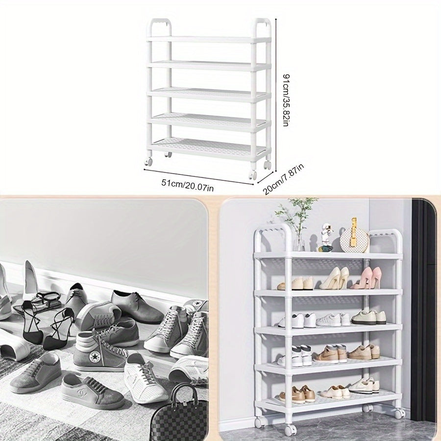 Free Standing Multi-Layer Plastic Shoe Rack with Wheels, Holds Many Shoes, Perfect for Dorms and Rentals, Easy to Assemble