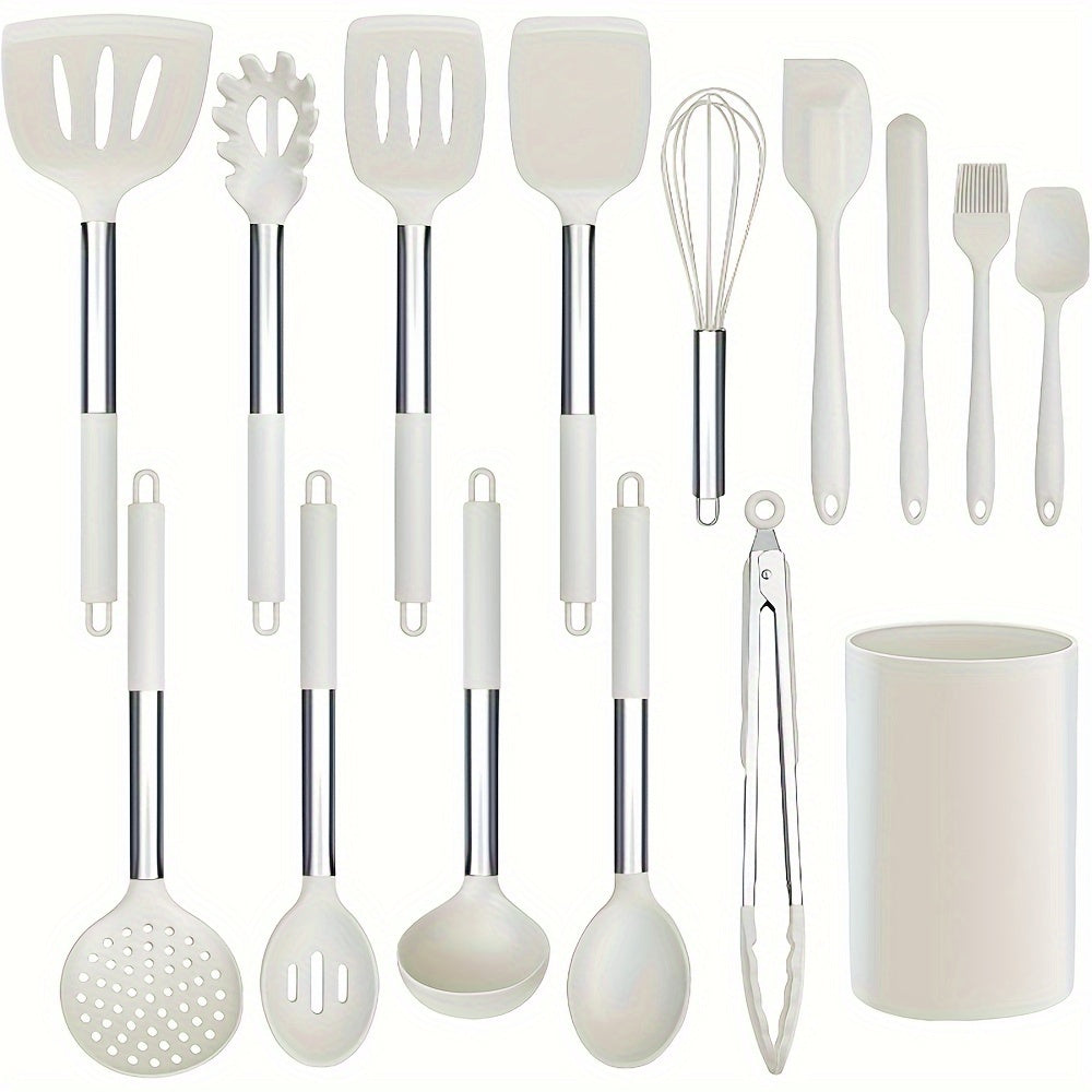 Top Pick: 15-Piece Silicone Kitchen Utensil Set with Stainless Steel Handles - Includes Slotted Spatula, Turner, Tong, Whisk, Brush, Holder, and More - Ideal for Cooking and Kitchen Tools