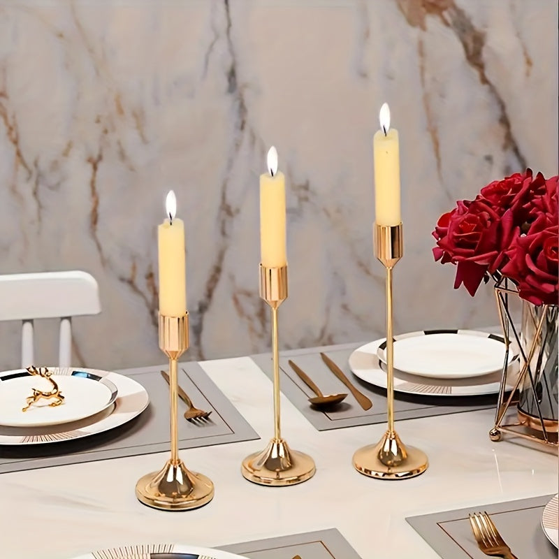 Set of 3 elegant metal candle holders in golden and rose golden finish, perfect for various festive occasions. Durable, easy to assemble, ideal for home and hotel decor. (Candles not included).