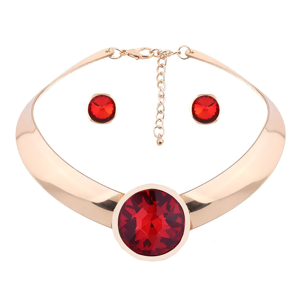 Stylish Jewelry Set Featuring Alloy Choker and Earrings Adorned with Synthetic Red Gemstones, Perfect for Women Looking for an Elegant and Simple Look. Ideal for Mardi Gras Day Parties, Music Festivals, or as Birthstone Jewelry for February. Can be Worn