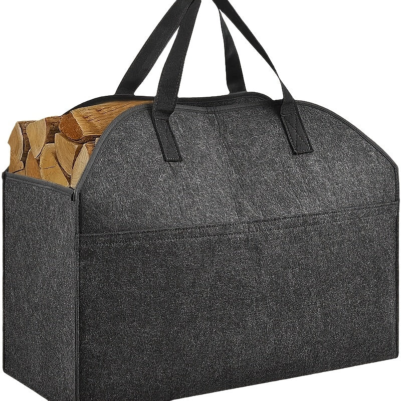 A durable and waterproof firewood tote bag made of non-woven fabric, measuring 55.88cm x 25.4cm x 43.18cm. This portable log carrier is perfect for various purposes and can be hand washed. Features a sleek no-print design.