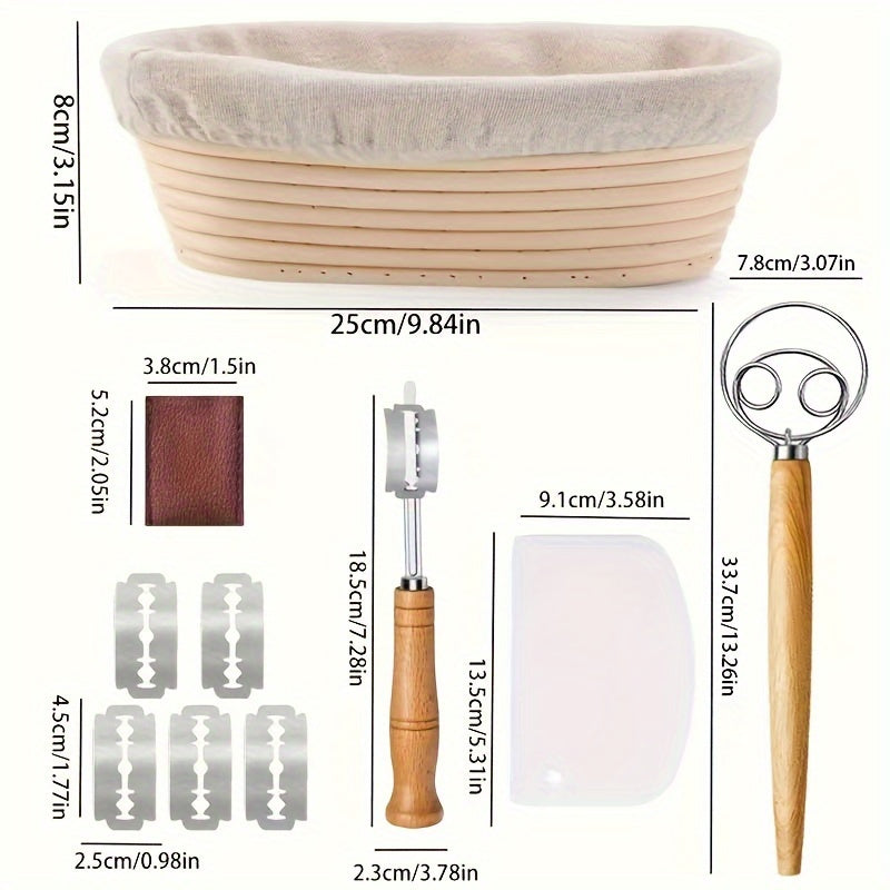 Enjoy the Ompusos 10-piece Italian Bread Proofing Basket Set, complete with oval rattan baskets, accessories, bread lame, and whisk. Ideal for use in home kitchens or restaurants, this set is perfect for yeast proofing and is a versatile tool for both