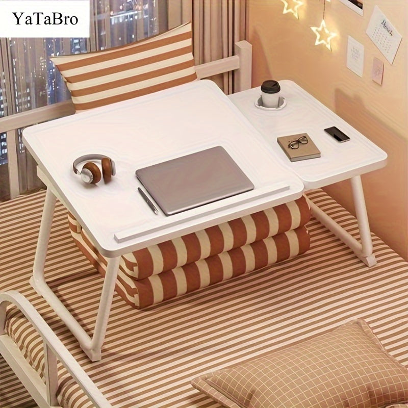 YaTaBro Adjustable Laptop Desk with Cup Holder and Non-Slip Edges, Wood Fiber Board Computer Table for Teens, Portable Desk for Study and Office Use - Black/White