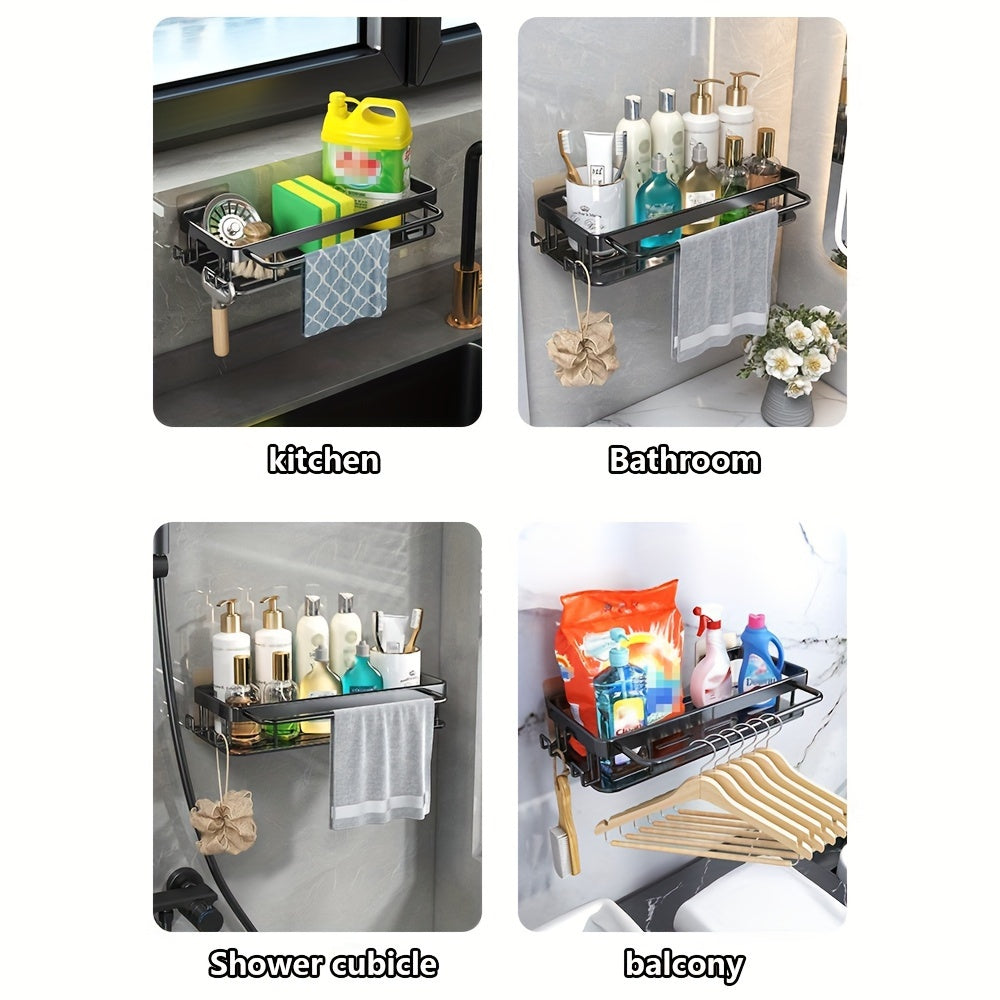 Wall mounted kitchen storage rack with built-in dish drainer and space-saving design, no need for drilling holes. Perfect for storing dish cloths and other kitchen accessories. Great multi-functional organizer for the home.