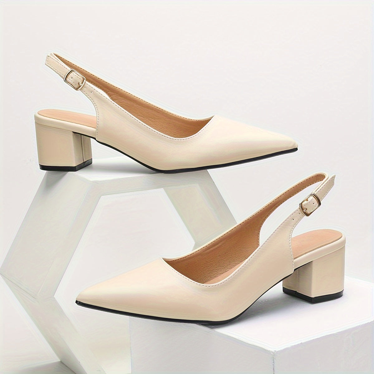 Stylish women's block heel pumps with ankle strap, open back design for parties and all seasons.