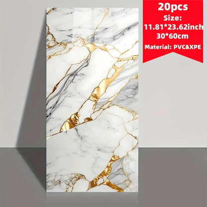 Set of 20 marble tile wall stickers, easily cut, install, and remove. Waterproof self-adhesive boards suitable for various rooms. Size: 59.99 * 29.97 cm. Ideal for kitchens, living rooms