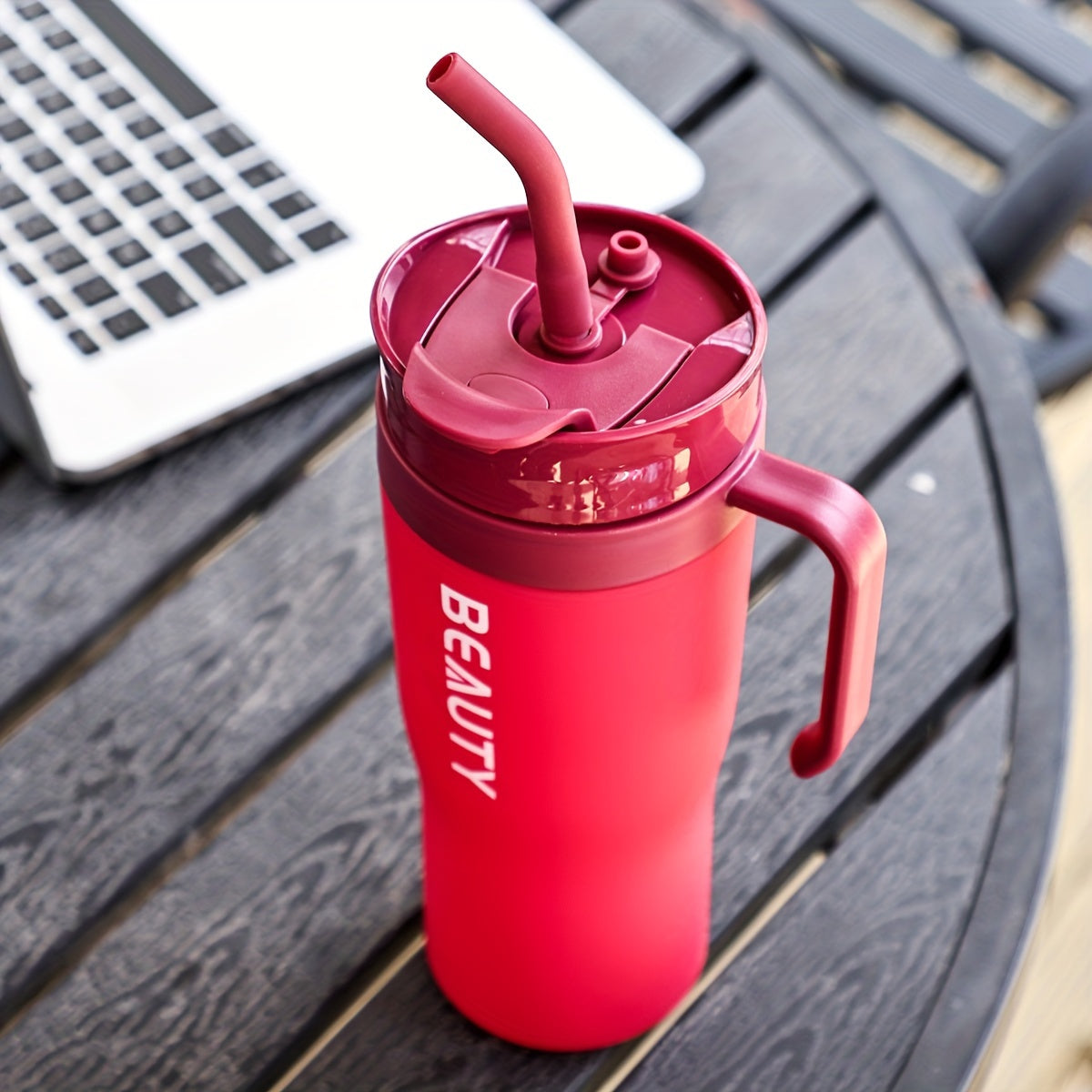 The BEAUTY Portable Water Bottle with Straw is large, lightweight, and suitable for hiking. It is made of plastic and has a round shape, and should be hand washed.