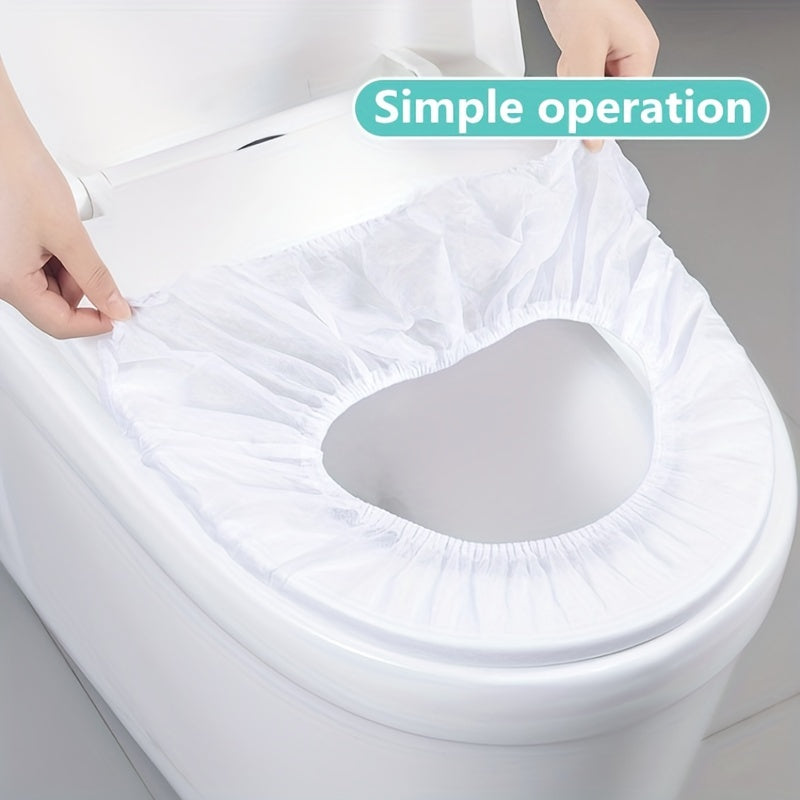 Disposable toilet seat covers in packs of 10, 20, 30, or 50. Individually wrapped with premium elastic strap for portability. Waterproof, stain-proof, and non-slip for travel, home, or potty training. Ideal as a gift for teenagers.