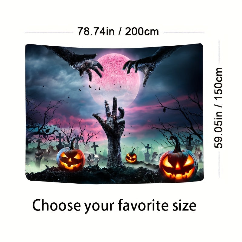 Spooky Halloween Tapestry featuring Tomb Hands, Carved Pumpkins, and Haunting Magical Background – Perfect for Halloween Home Decor