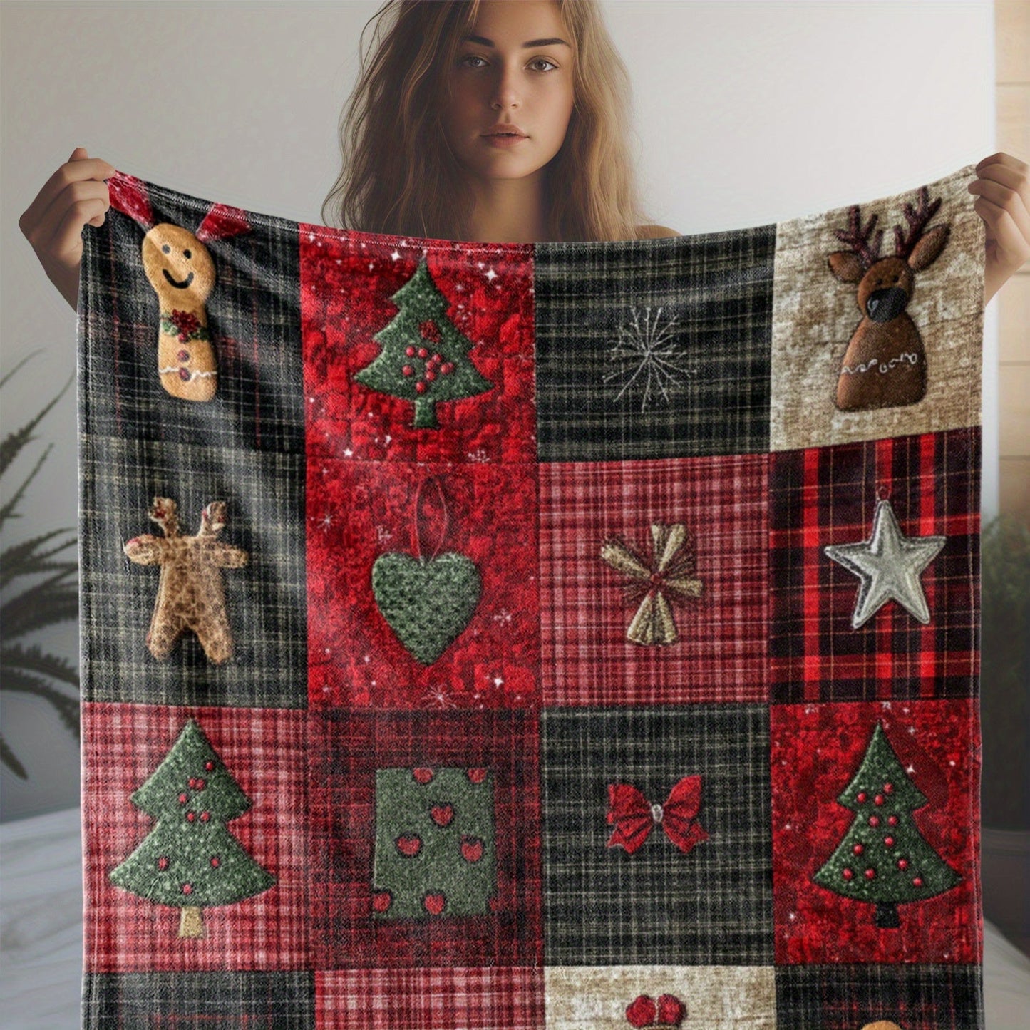 Stay cozy and stylish with our Vintage Plaid Christmas-themed blanket featuring Christmas elements such as stars, gingerbread men, bowknots, and Christmas trees. Made of soft and warm knitted polyester flannel, it is perfect for all seasons and can be