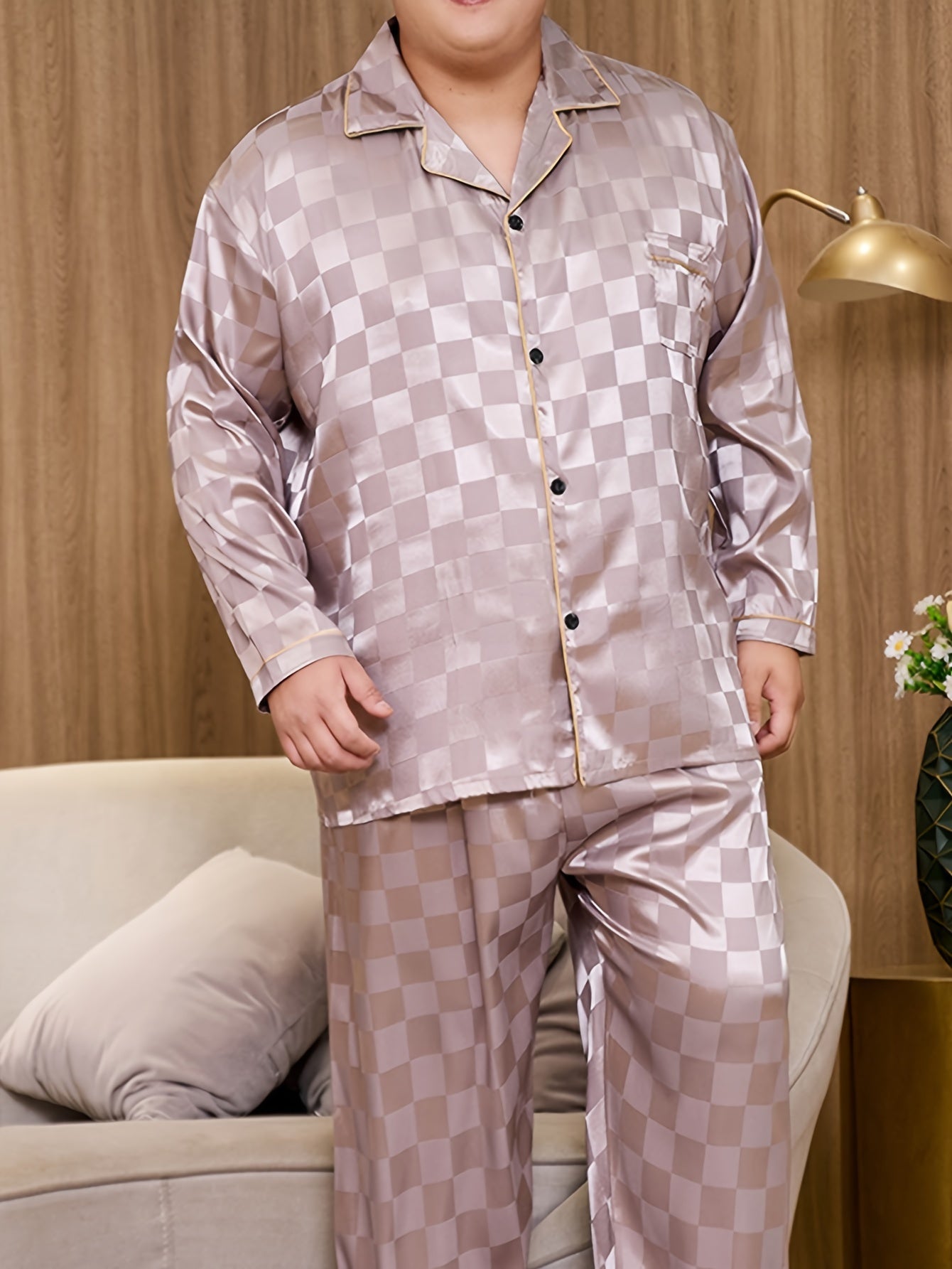 Men's Casual Plaid Jacquard Pajama Set, Long Sleeve Shirt with Elastic Waist Pants, Poly Sleepwear with Button Detail, for Spring, Summer, Fall, Plus Size