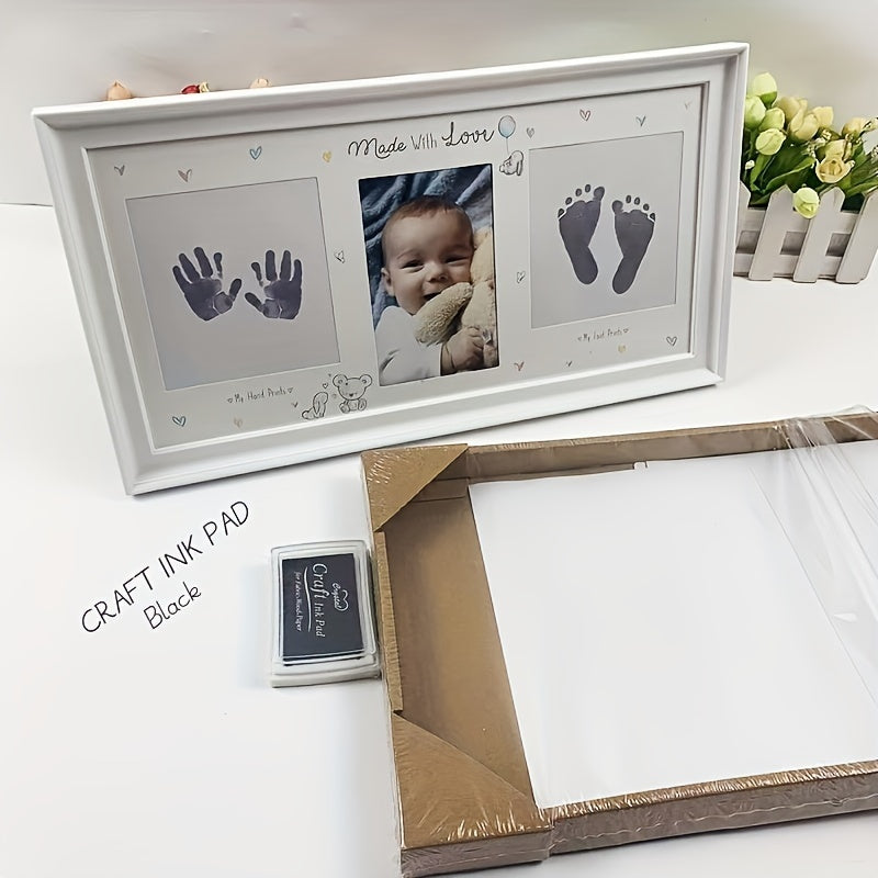 Creative photo frame for displaying family photos on your wall, featuring handprint and footprint designs to mark growth milestones. Perfect for commemorating special moments and adding a personalized touch to your home decor. Customize it with your own