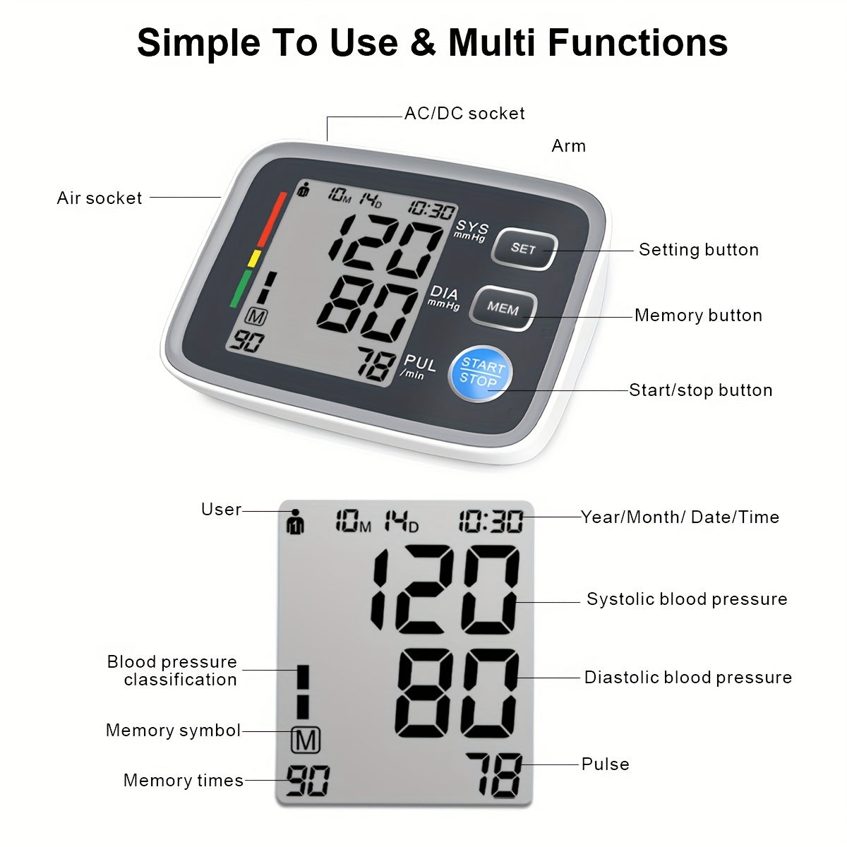 Home blood pressure monitor with automatic upper arm cuff and digital display, includes cuff for arm sizes 22.1-43.18cm.