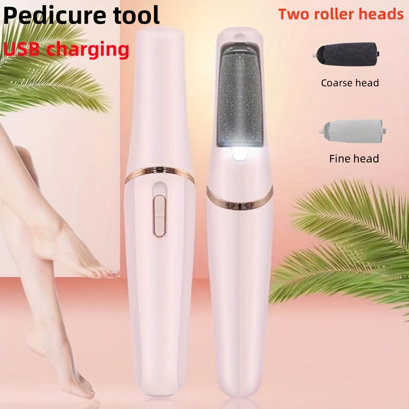 USB rechargeable electric foot pedicure tool in sleek white with golden accents. Features dual roller heads for smooth feet, portable dead skin and callus remover. Includes 500mAh lithium