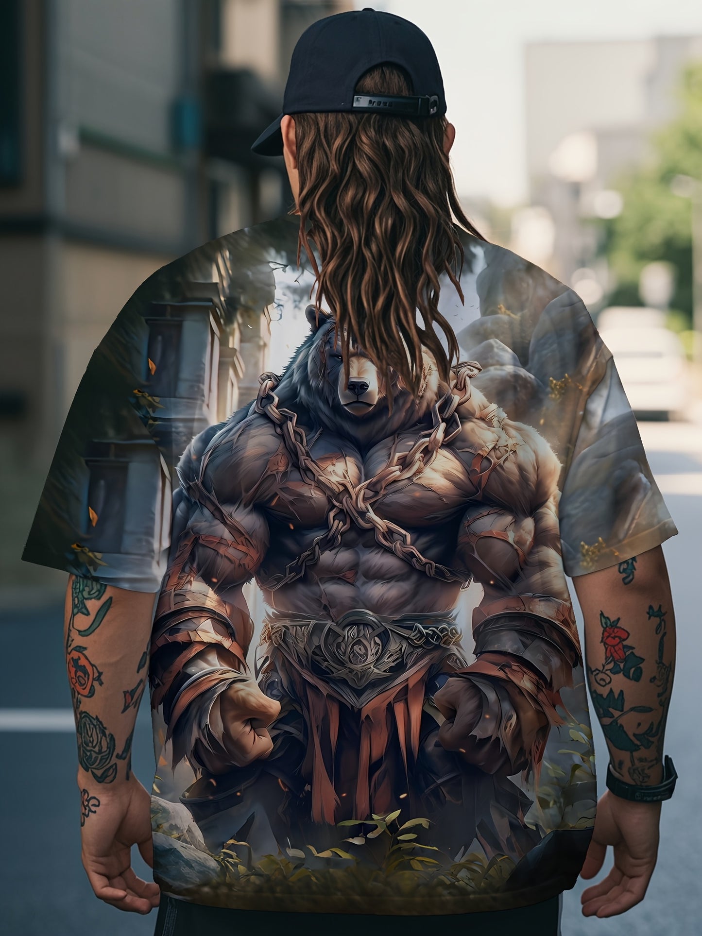 Plus size men's 3D muscle bear graphic t-shirt with bold fantasy design and comfortable polyester blend. Ideal for casual wear, parties, and outdoor adventures. Stylish round neck and