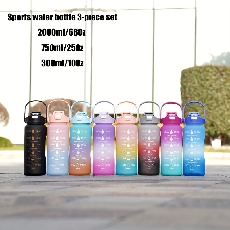 Set of 3 sports water bottles with time marker, leakproof design, and one-click open lid. Great for fitness and outdoor activities.