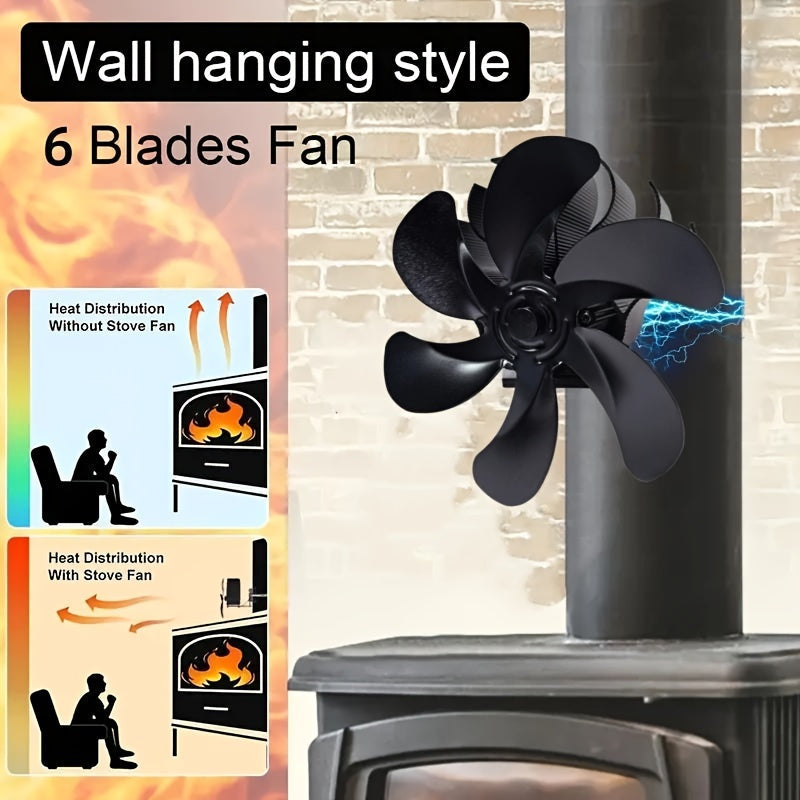 Wood stove fan with 6 blades, magnetic flue mount, and non-electric thermal design for gas and pellet burners - silently powered by heat.