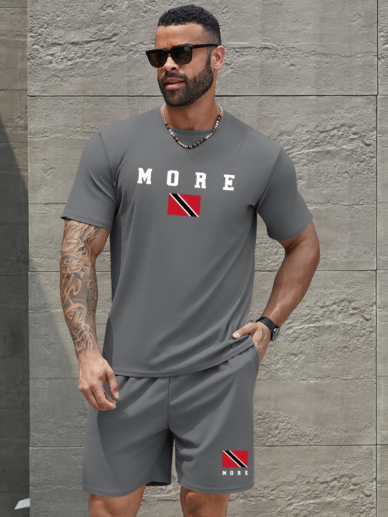 MORE Men's 3-piece Casual Sports Set: includes short sleeve T-shirt, shorts, and pants. Made for breathable summer wear.